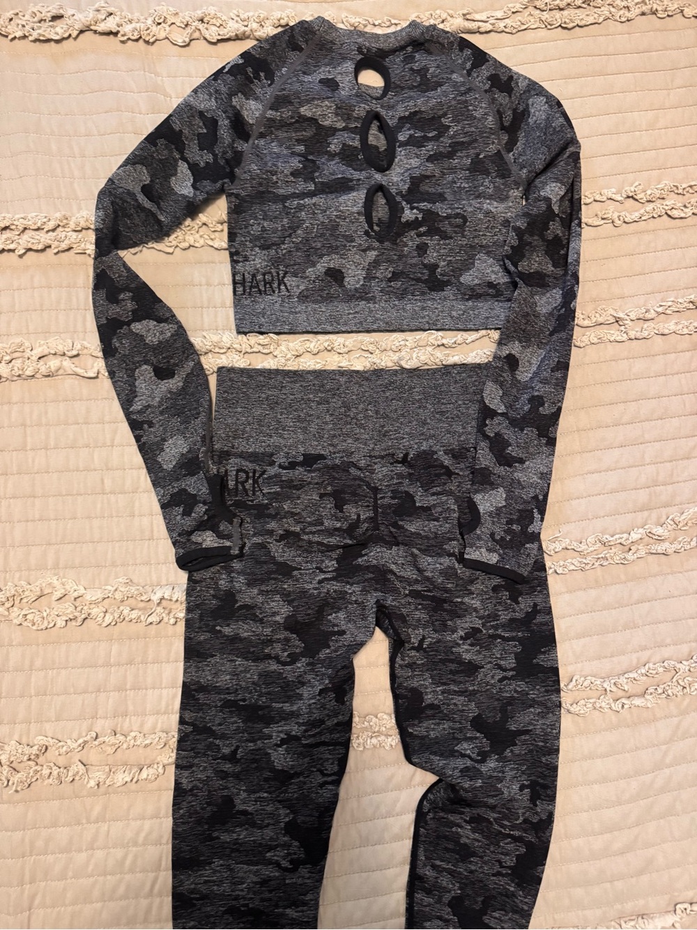 Gymshark Women's Gray Black Camo Leggings & Long Sleeve Crop Top Set